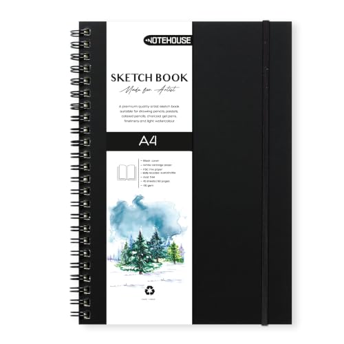 Image of Notehouse A4 Sketchbook Hard Bound Made for Artist 140 GSM Art Notebook (30x21 cm) | 80 White Unruled Pages | Thick Smooth Drawing Paper | Black Hard Cover