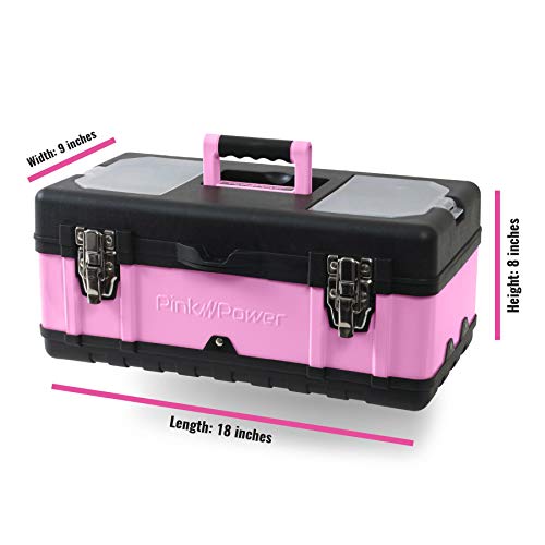 Pink Power Pink Tool Box For Women - 18" Small Metal & Plastic Portable Lightweight Pink Locking Empty Toolbox Tool Chest - Craft & Tool Case Tote Storage Tool Organizer For Ladies Pink Tool Set Kit #TOP2