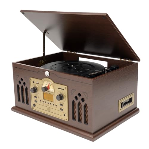 Microcomponentes, Electronics Select Sound Tornamesa con Bluetooth Tipo Vintage, Reproductor de Vinilos LP de 3 Velocidades con Bocinas Integradas, Grabación de CDs y MP3, Radio Am/FM