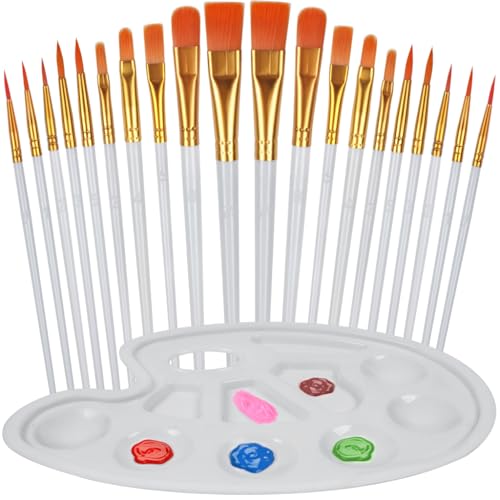 YOYUSH Lot de 20 pinceaux de peinture en nylon avec 1 palette, pinceaux pour peinture acrylique, peinture à l'huile, aquarelle, gouache, peinture de visage - Blanc