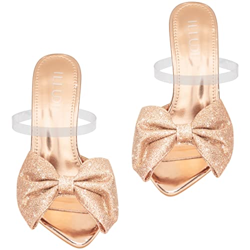 Illude Women’s Chunky Block Heel With Bow Clear Pointed Toe Heeled Sandal Slip On Mule - Rosa (6, Rose Gold Glitter) #TOP4