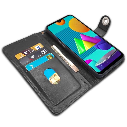 Image of Pikkme Samsung Galaxy M01 Flip Cover Leather Finish | Inside TPU with Card Pockets | Wallet Stand and Shock Proof | Complete Protection Flip Case (Button Black)