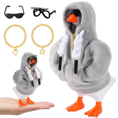 SECVOY 7inch Desk Goose Outfits Mini Desktop Goose Clothes with 2 Sunglasses & 2 Necklaces Grey Plush Hoodie Set Accessories for Magnetic Goose Statue (Grey Hoodie)
