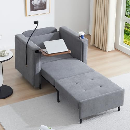 LEVNARY 3-in-1 Convertible Sleeper Chair Pull Out Bed, Single Sofa Chair Sleeper for Adults with Hidden Side Table, Modern Chenille Fabric Armchair for Bedroom Dorm Home Office (Gray)