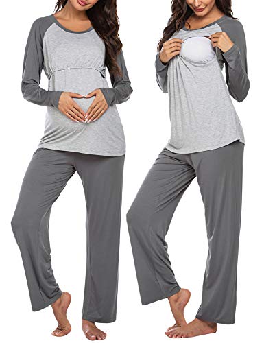 Ekouaer Women's Long Sleeve Maternity Pj Sets Cotton Pregnancy Pajamas - Nursing Sleepwear (Dark Grey M)