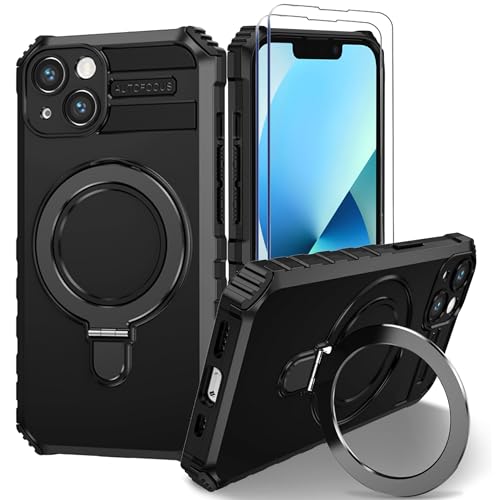 Fudley for iPhone 13 Magnetic Case [Compatible with MagSafe] with 2 Tempered Glass Screen Protectors with Ring Kickstand,Military Grade Heavy Duty for iPhone 13 Case,6.1'' Black