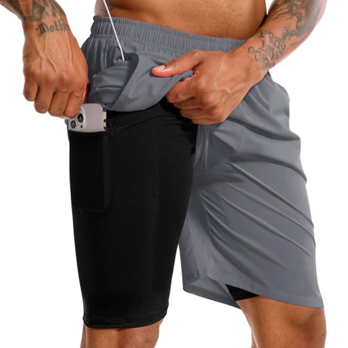 TENJOY Herren 2 in 1 Laufshorts 17,8 cm Schnell trocknende...