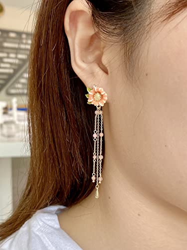 Dainty Flower Enamel Dangle Earrings - Florals Leaves Gold Chain Drop Earring For Women Girls, Hypoallergenic, By Smilephil (Orange - Long) #TOP3
