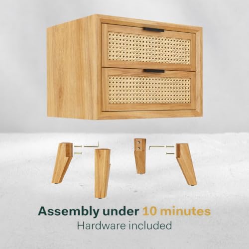 Image of Solid Wood Bedside Table with Cane Rattan Drawer Design | Modern Wooden Nightstand with 2 Storage Drawers for Bedroom & Living Room | Natural Finish