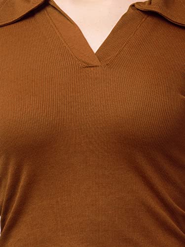 Image of Ribbed Polo Collar Full Sleeves Tops for Women