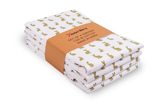 Yaanthiv's Printed Kitchen Napkins - Pack of 4 Cotton, Soft & Absorbent Reusable Cloth Napkins for Dining, Parties & Everyday Use Machine Washable & Eco-Friendly, (Size- 18 X 28 Inch, Rabbit Olive)