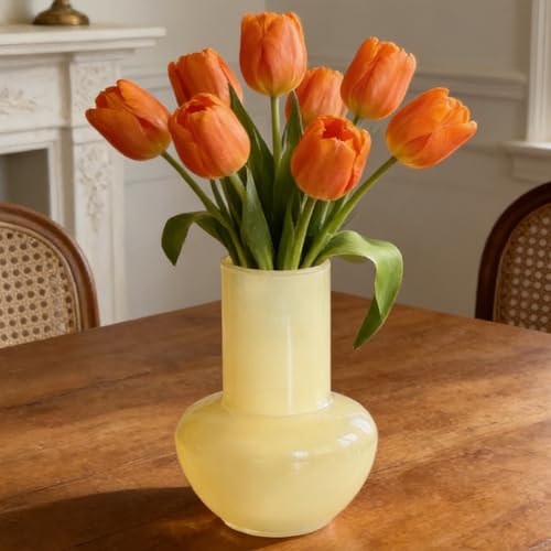 BLOFLO Modern Retro Glass Vase, 7 Inch Bubble Round Bulb Vase, Boho Vintage Home Decor Table Centerpiece for Fresh/Fake Flowers, Ideal Housewarming/Mother’s Day/Birthday Gift (Milky Yellow)