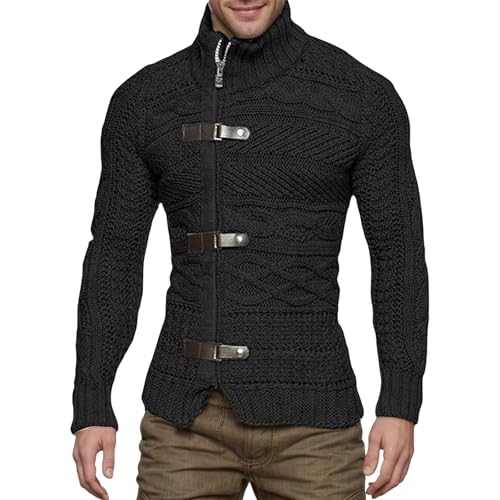 Men's Cable Knitted Sweater Fall Winter Fashion Chunky High Neck Button Front Long Sleeve Cardigan