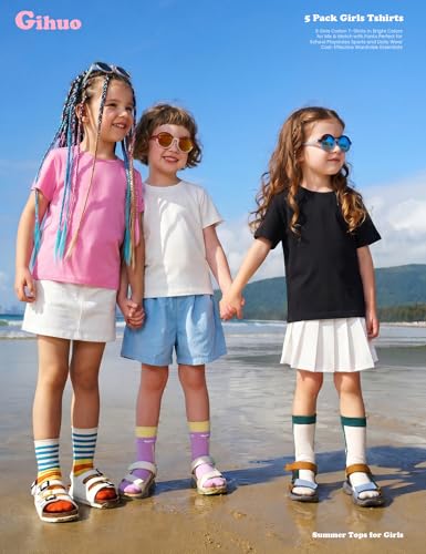 Image of Gihuo 5 Pack Girls T-Shirts Short Sleeve Shirt for Girls Cotton Tees Kids Tshirts Clothes Summer Tops