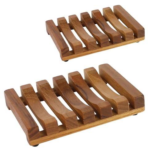 2-teiliger Seifenhalter aus Teakholz mit Schlitzen von HTB, Holz-Spülschwammhalter für Küche, selbstentleerende Seifenschale für Dusche, Waschbecken, Badezimmer, Badewanne 1