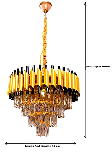 Image of DREAMY DESIGNS Chandelier Lights for Ceiling Black Gold 500 MM 4-Tier K9 Crystal Raindrop Chandeliers for Living Room LED Light Warm White for Hall Modern Jhumar Designer Bedroom and Dining Room