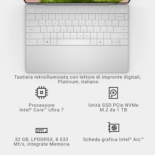 XPS 13 (9350) Laptop Copilot+ Display 13,4" FHD+ 120 Hz, Intel Core Ultra 7 Series 2- Intel Evo Edition, 32GB RAM, 1TB SSD, Grafica Intel Arc, Windows 11 Home, Tastiera Italiana - Platino - Notebook - Immagine 16