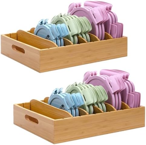 2 Pack Bamboo Lid Holder Food Container, Kitchen Organizer with 5 Adjustable Dividers, Cabinet Organizer for Food, Kitchen Gadget, Container Lids