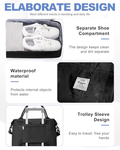 Travel Duffel Bag, 18x14x8 Inches Travel Bag Spirit with Shoes Compartment, Weekender Overnight Bag for Women with Trolley Sleeve, Carry On Bag for Airplanes Sport Tote Gym Bag Black - Thumbnail 5