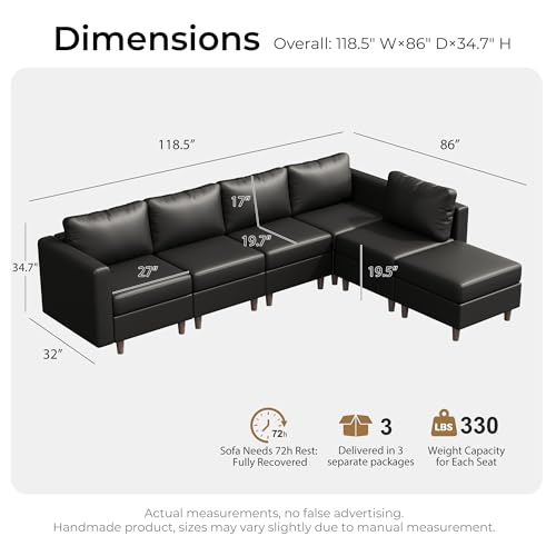 Image of ABCASA Faux Leather Sectional, Modular Sectional Sofa with Storage Seats, 6 Seat Faux Leather Modular L Shaped Couches with Movable Ottoman for Living Room,Black