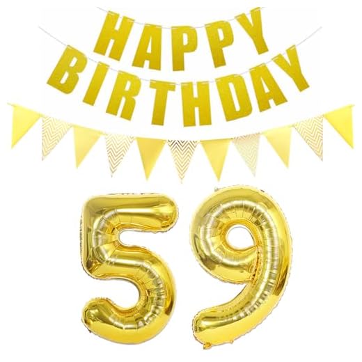 Globos con número 59 dorado, guirnalda de feliz cumpleaños, pancarta de papel de aluminio, 59 cumpleaños, decoración para mujer, hombre, 59 años,