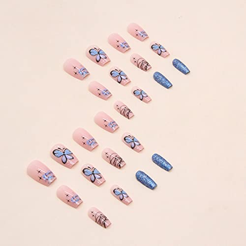 24 Pcs Short Square Fake Nails Butterfly Press On Nails,Glossy Glue On Nails Full Cover False Nails With Blue Gradient Glittering Designs French Tip False Nails For Women Acrylic Nails Diy Decoration #TOP3