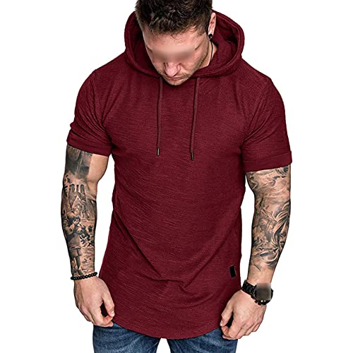 Maiyifu-GJ Men's Short Sleeve Athletic Hoodie Lightweight Workout Hooded T-Shirts Solid Color Slim Fit Pullover Sweatshirt (Red,Large)