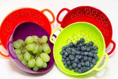 Mini Strainers for Kitchen - 4 Pack Berry Bowl Colanders & Food Strainers, Small Colander Strainer Sized 6" x 6"x 3" in Assorted Colors