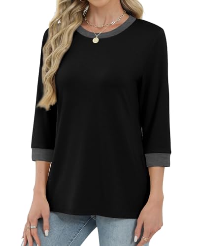 XIEERDUO Womens T Shirts 3/4 Length Sleeve Womens Tops Dressy Casual Crew Neck Color Block Tunic Tops3