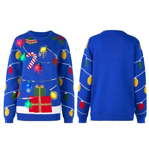 JOYIN Suéter feminino de Natal com iluminação LED, suéter feio de Natal de rena com lâmpadas, Azul e