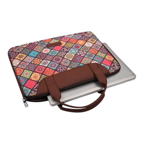 Image of Tabelito Designer Printed Laptop Sleeve for Women (13-15.6 Inch) | Jute & Vegan Leather Office Handbag | Lightweight Stylish Work Bag with Handle