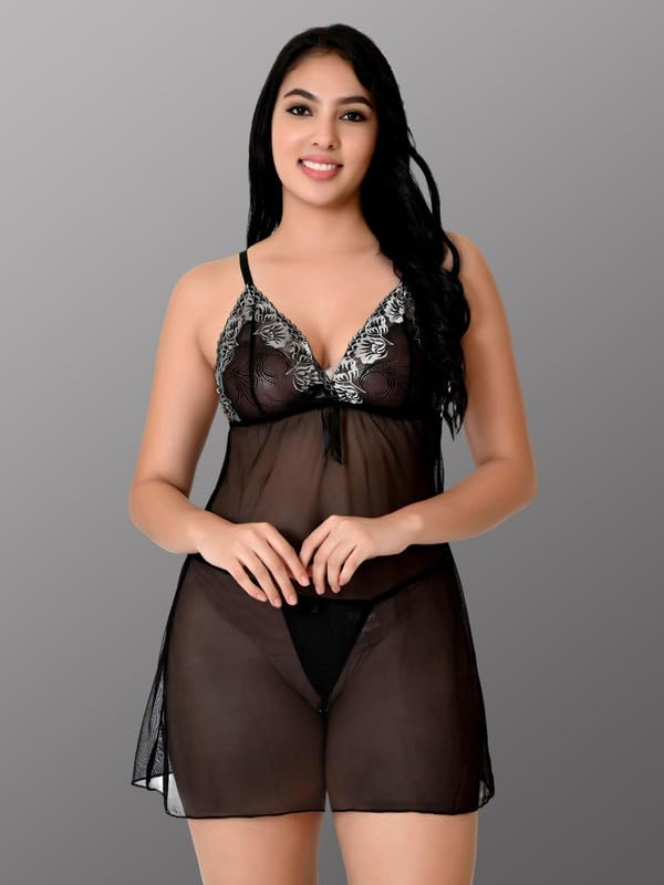 Image of Women Satin Lace Solid Print Babydoll Lingerie Honeymoon Nighty.