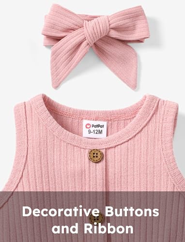 PATPAT Baby Toddler Girl Dresses Infant Sleeveless Summer Solid Dress Rib Knit Tank Skirt Dress Sundress with Headband Pink 6-9 Months