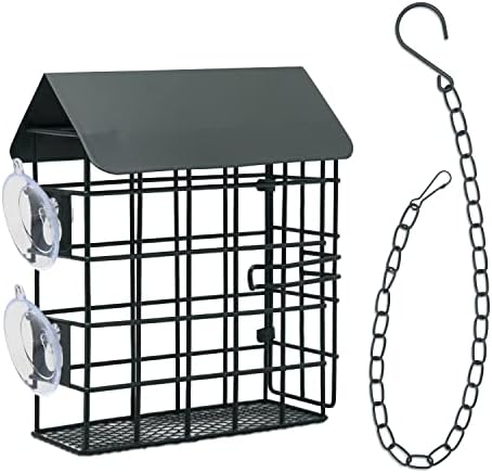 Magerdy Fields Window Suet Bird Feeder - Single Suet Cake Holder with Roof - Outside Decor - Attract Wild Birds, Woodpeckers - Complete with Hanging Chain