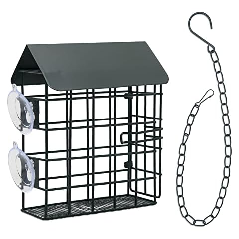 Magerdy Fields Window Suet Bird Feeder - Single Suet Cake Holder with Roof - Outside Decor - Attract Wild Birds, Woodpeckers - Complete with Hanging Chain Cover