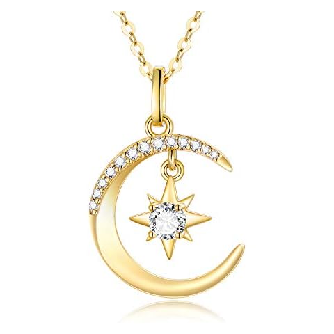 SISGEM 14k Gold Moon Necklace for Women, Real Gold Moon and North Star Pendant with Chain, Jewelry Gifts for Her, 16+1+1 Inch Cover