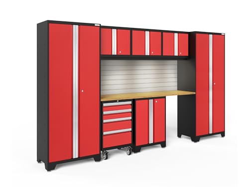 ?NewAge Products Garage Storage Cabinet Bold 8 PC Set Red Include LED Lights, Slatwall Backsplash, Worktops, 2 x Multi-Use Lockers, 3 x Wall, Two-Door Base and Rolling Tool Drawer Cabinets, 56246