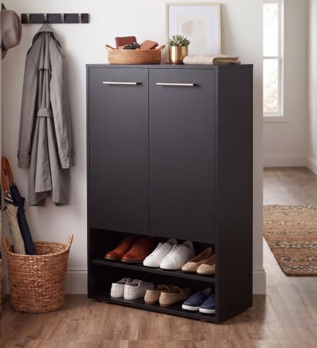 Image of Spyder Craft Engineering Wood Shoe Cabinet for Home, Double Door Shoe Rack with Multiple Shelves, Space Saving Shoe Organizer for Entryway, Living Room & Bedroom, Black, DIY Assembly
