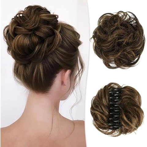 Claw Clip Messy Bun Hair Piece 100% Real Human Hair Buns Curly Chignon Hair Bun Extensions Wavy Tousled Updo Hair Buns Claw Clip Ponytail Hairpieces for Women(Dark Brown with Light Golden Brown) Cover