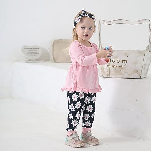 Image of Toddler Baby Girl Clothes Solid Color Long Sleeve Ruffle Tops Pants Headband Outfits Set