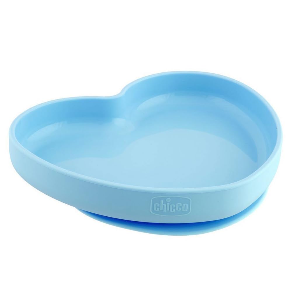 Chicco Piatto Cuore con Ventosa per Bambini, Piatto Pappa in Silicone, Morbido e Resistente, Lavabile in Lavastoviglie, Adatto per il Microonde, 12+ Mesi, Blu