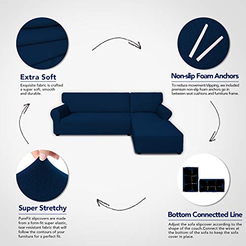 Purefit Super Stretch Sectional Couch Covers - 2 Pcs Spandex Non Slip Sofa Covers With Elastic Bottom For L Shape Sectional Sofa Couch, Great For Kids & Pets (3 Seat Sofa + 3 Seat Chaise, Navy) #TOP2