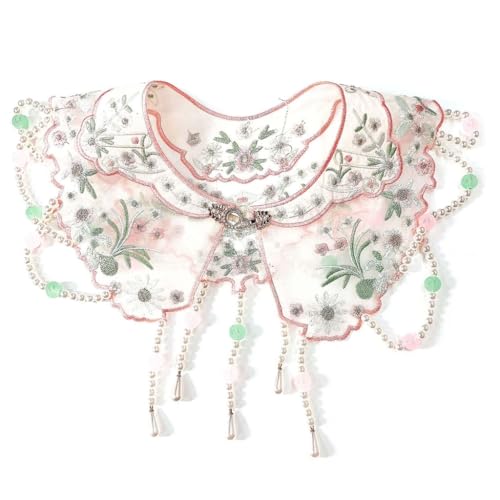 Girls Vintage Dress Detachable False Collar Pearl Beaded Yunjian Shawl Scarf Chinese Embroidery Flower Boleros