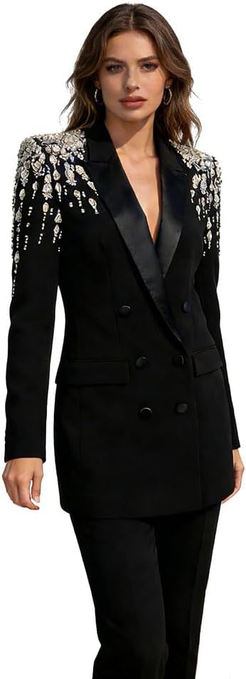 Women's Rhinestone Blazer Dress Jacket Luxury Diamond Satin Collar Double Breasted Women Suit for Formal Evening Party Prom