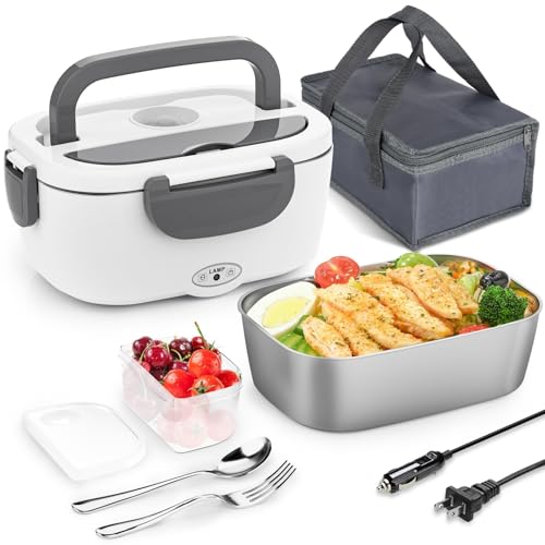 DGS TRADING Electric Lunch Box 80W Food Heater for Adults, 240V Portable Lunch Warmer for Car/Truck/Office, Includes SS Fork & Spoon, Insulated Carry Bag (White)