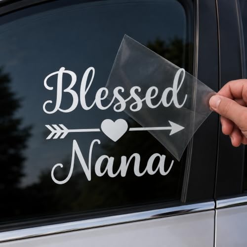 Blessed Nana Decal – White Vinyl Sticker for Car Window, Laptop, Glass Door – Waterproof Removable Grandma Gift Decal – Heart and Arrow Design for SUV, Notebook, Shop (5in)