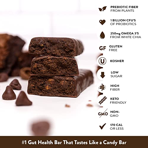Dark Chocolate Brownie Crunch Prebiotic & Probiotic Plant Based Snack Bar | Gut Health & Digestion | Healthy, Protein, Chia Omega-3'S, High Fiber, Low Sugar, Keto, Kosher, Vegan, Gluten Free | #TOP1