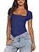 REORIA Womens Fashion Sexy Square Neck Double Lined Fitted Shirts Stretchy Short Sleeve Slimming Going Out Thong Bodysuit Tops Deep Blue X-Small