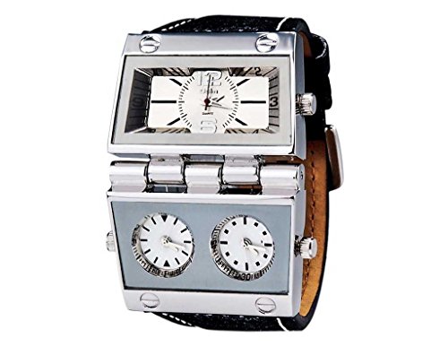 ShoppeWatch Mens Watch Large Face Oversize Three Time Zones Multi Dial Leather Band OM-165