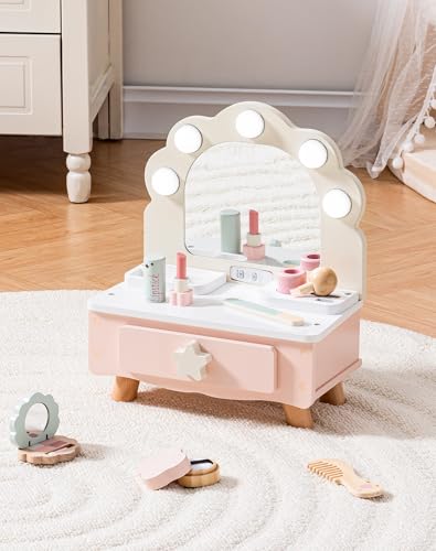 ROBOTIME Set di trucco in legno per ragazze, tavolo da toeletta rosa per bambini, specchio a forma di conchiglia con...